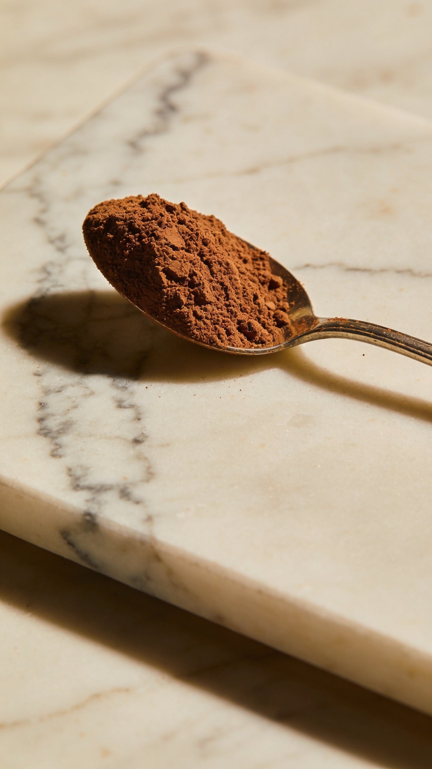 overhead shot of spoonful of cocoa powder on marble