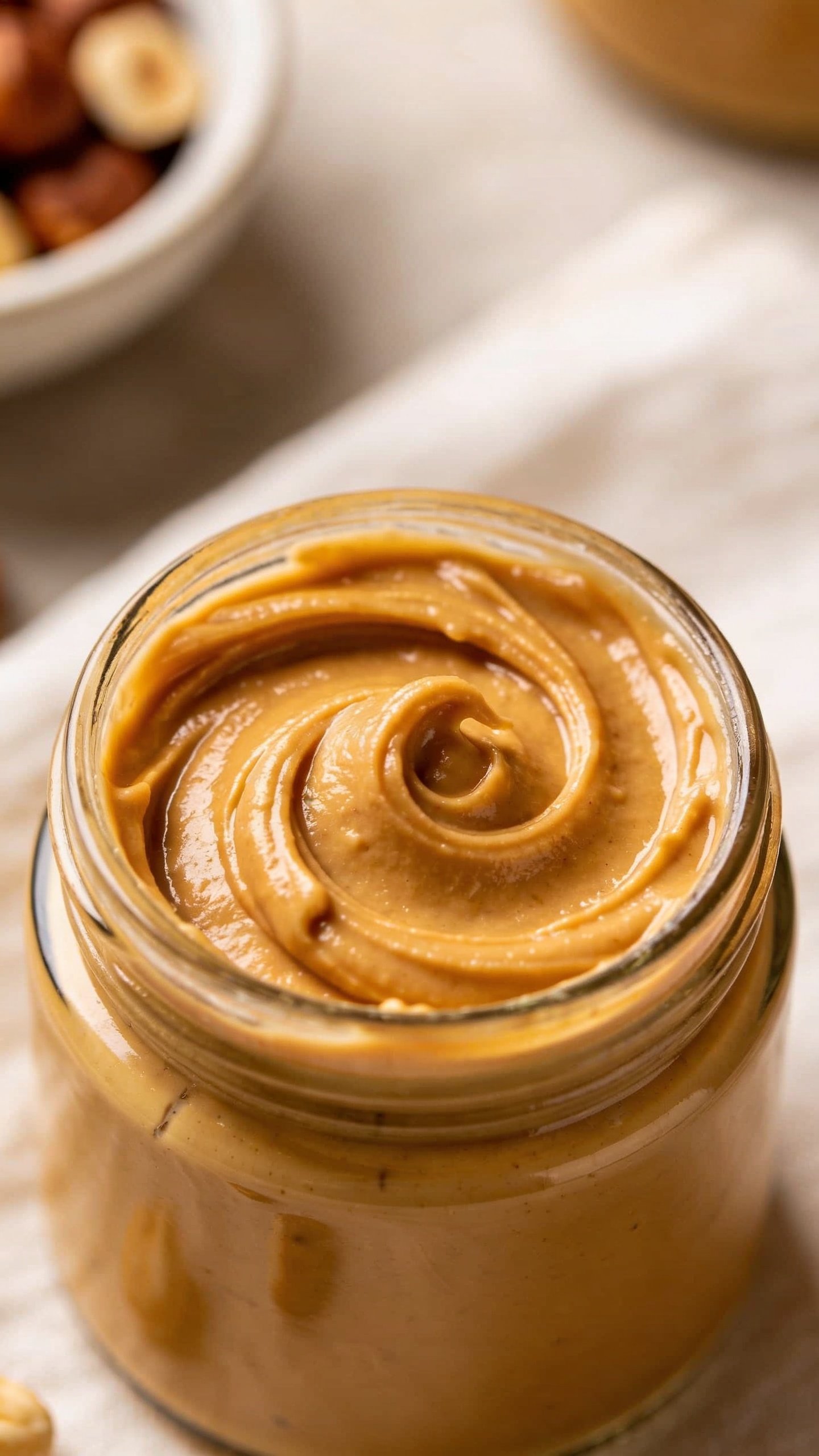 closeup of hazelnut butter swirl in small glass jar