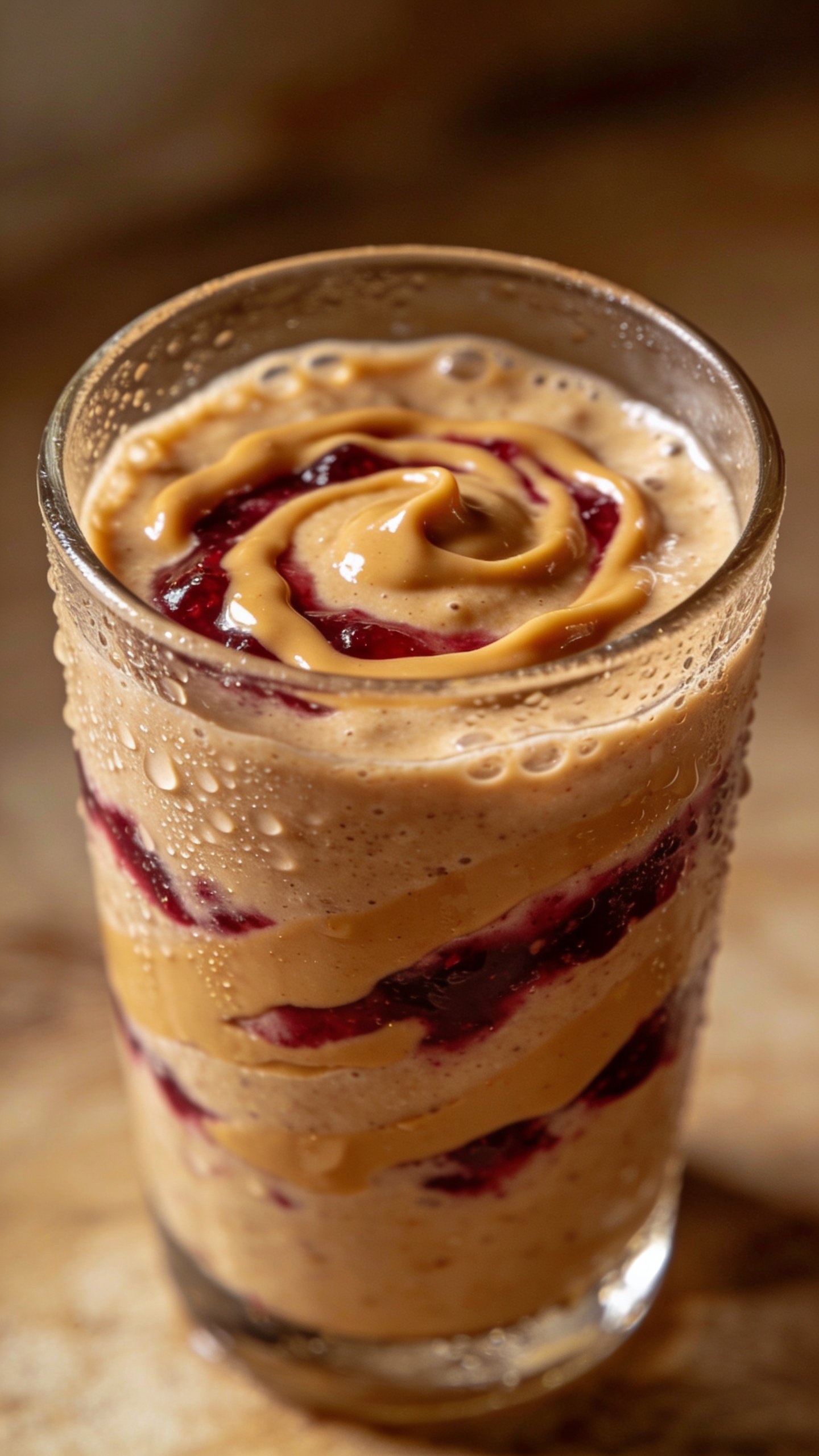 closeup peanut butter jelly breakfast smoothie in clear glass