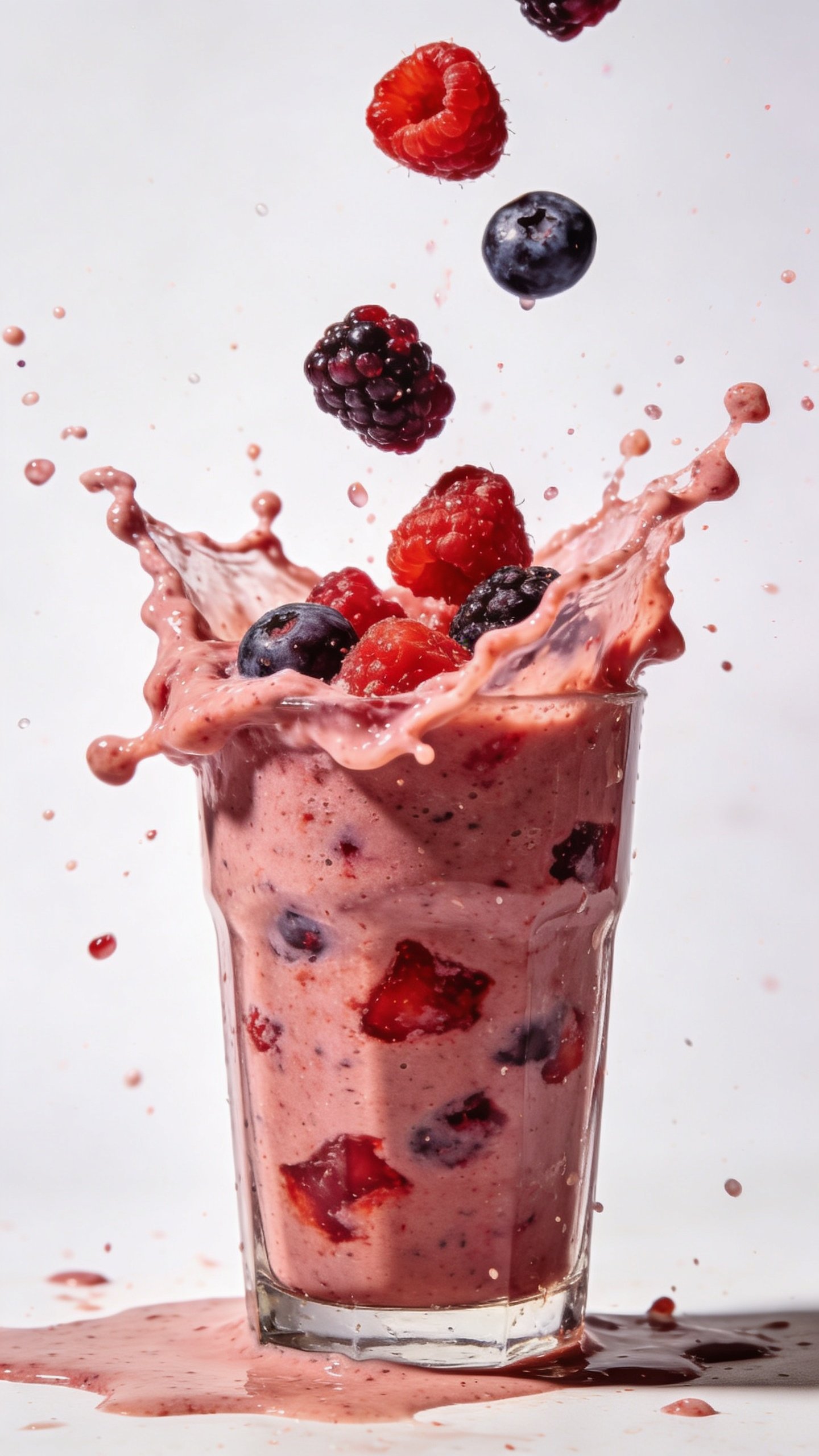 frozen mixed berries smoothie splash in tall glass, studio lighting