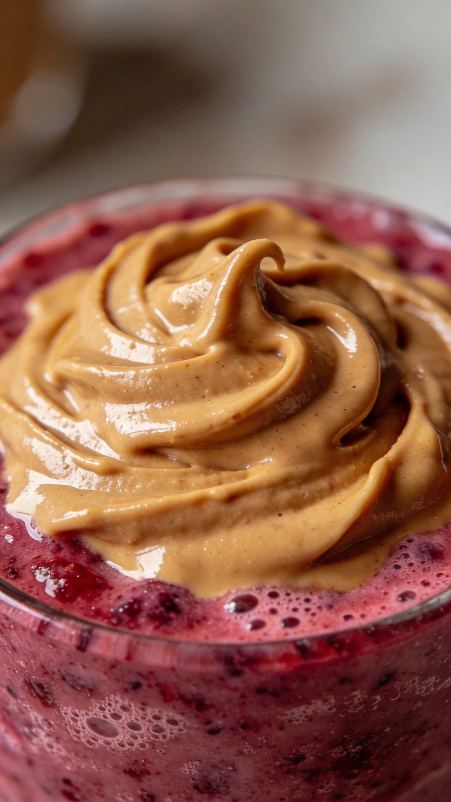 creamy peanut butter swirl atop berry smoothie, macro shot