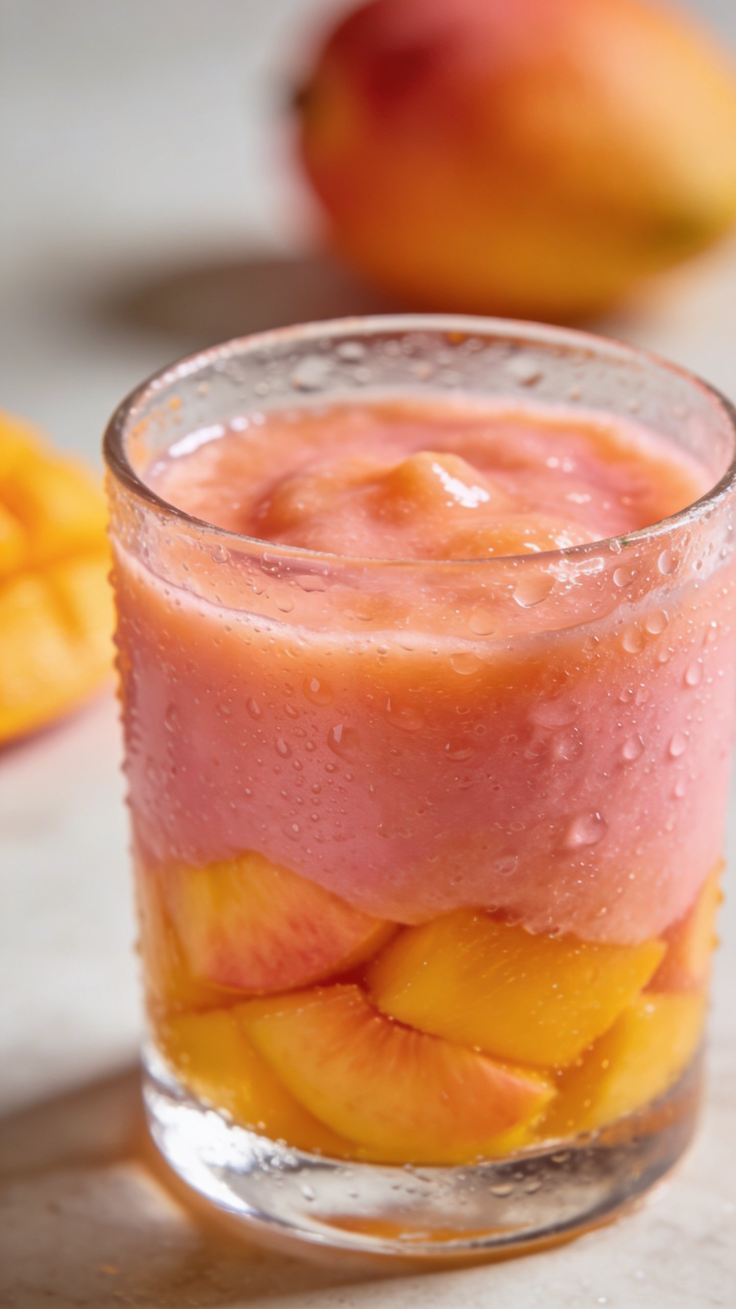 closeup of peach mango smoothie in clear glass, condensation