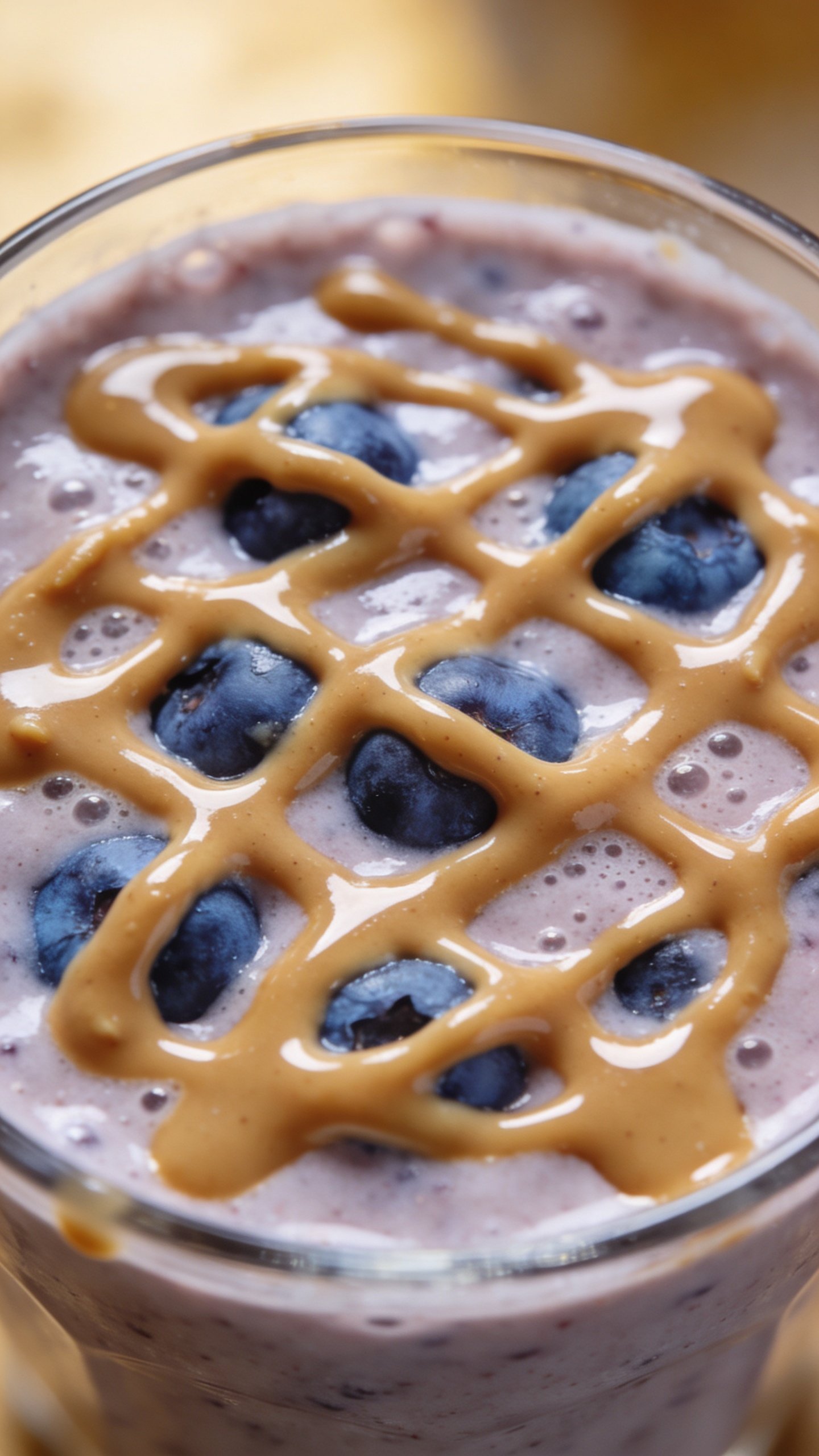 almond butter drizzle atop blueberry smoothie, macro food photography
