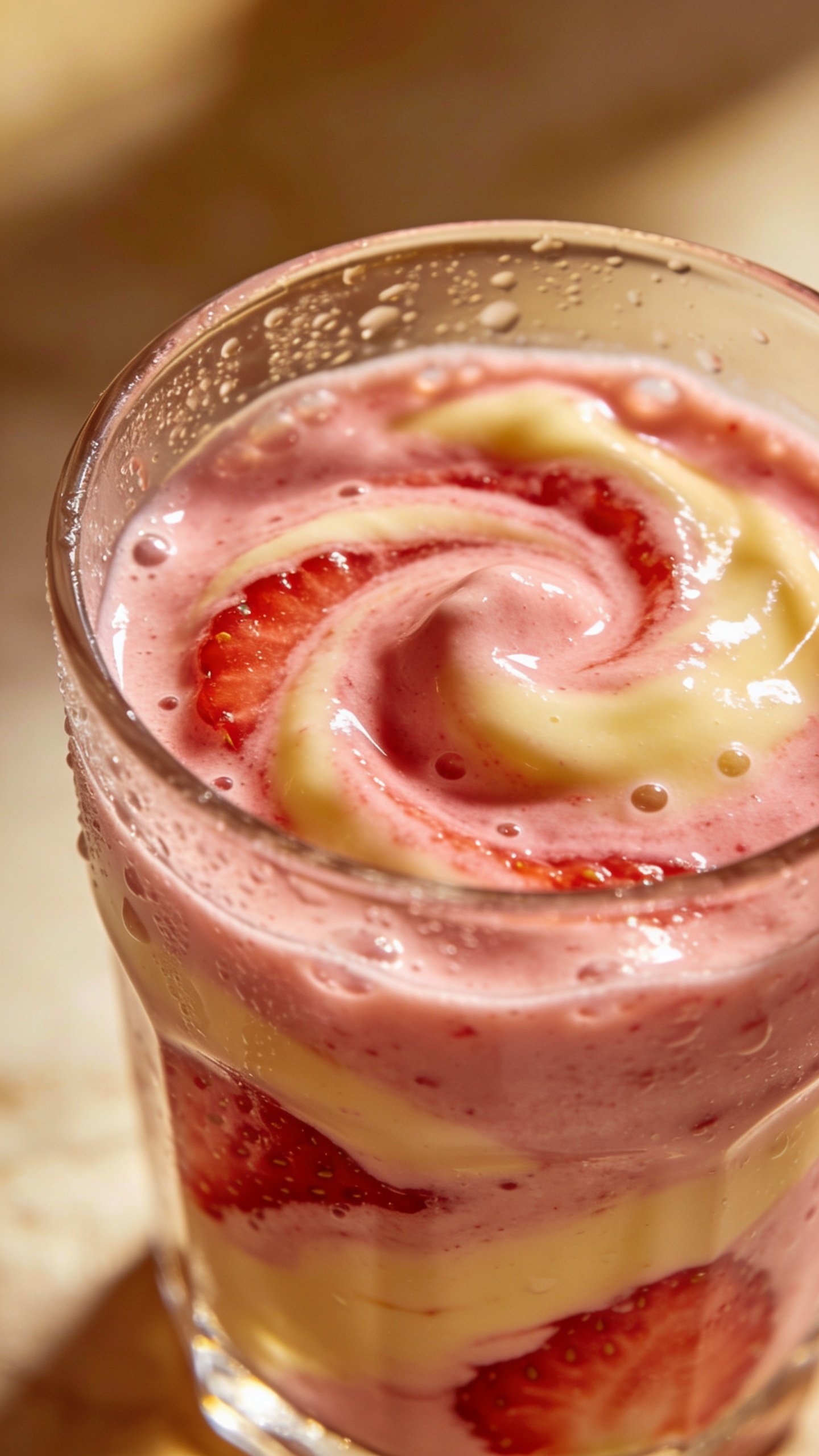 closeup strawberry vanilla smoothie in clear glass, thick swirl