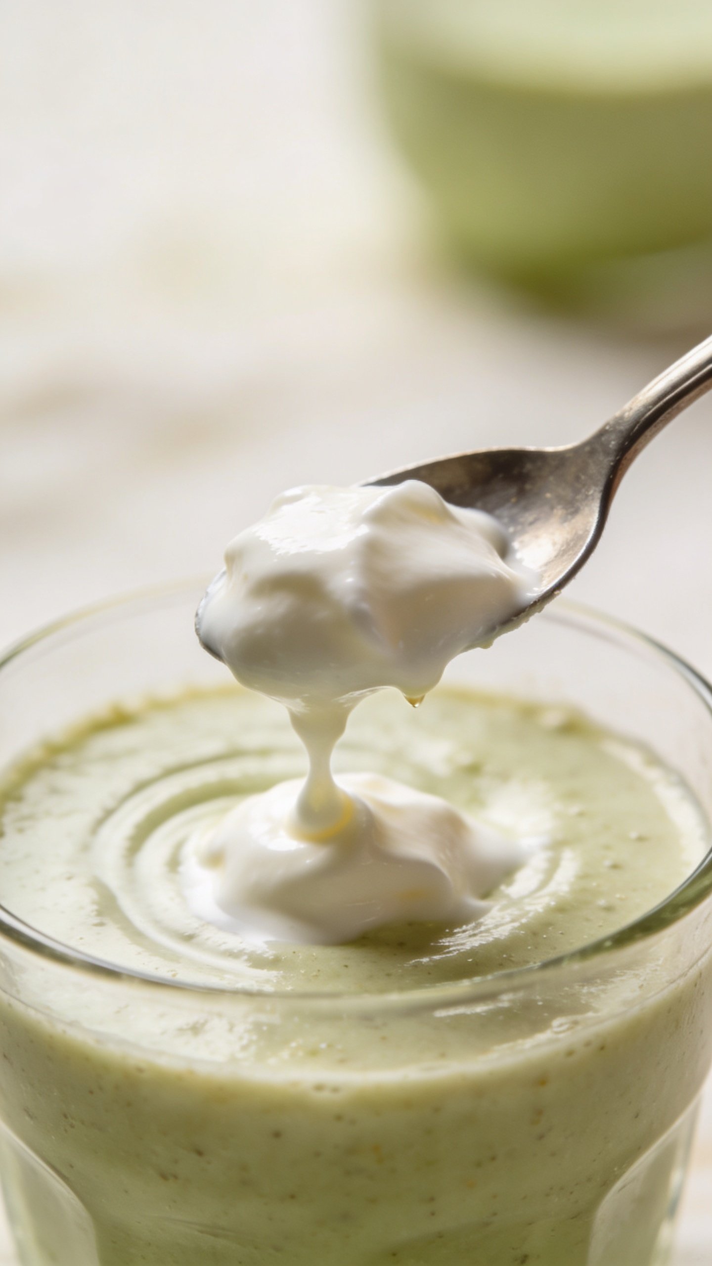 spoonful of Greek yogurt over smoothie, soft natural light