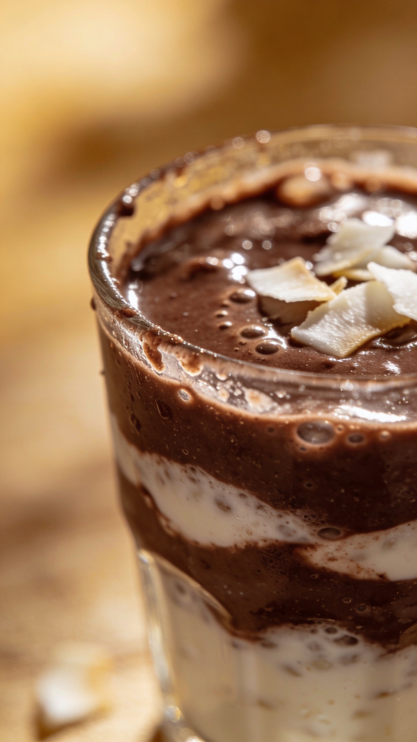closeup chocolate coconut breakfast smoothie in clear glass