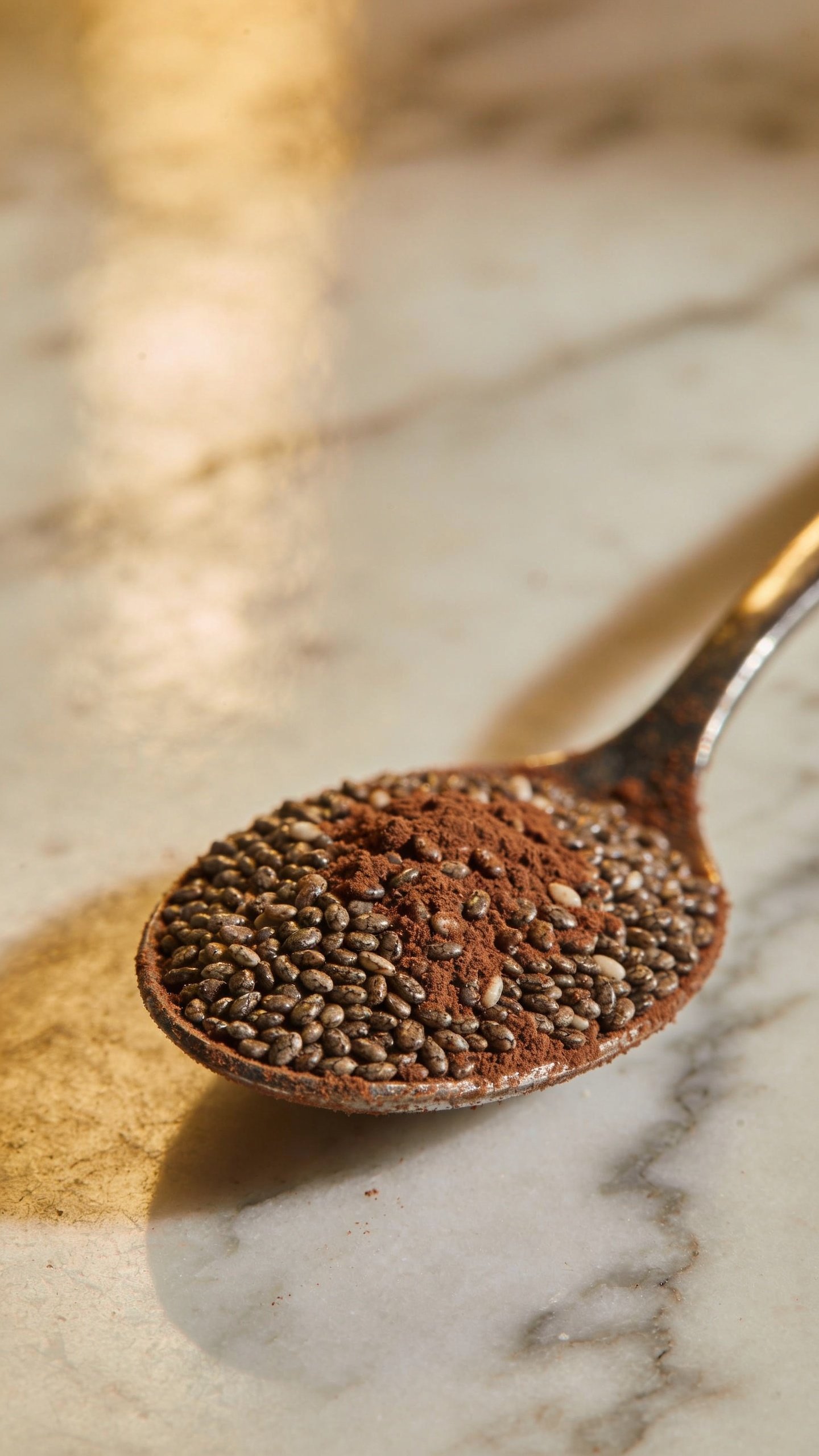 spoonful of cocoa-dusted chia seeds on marble