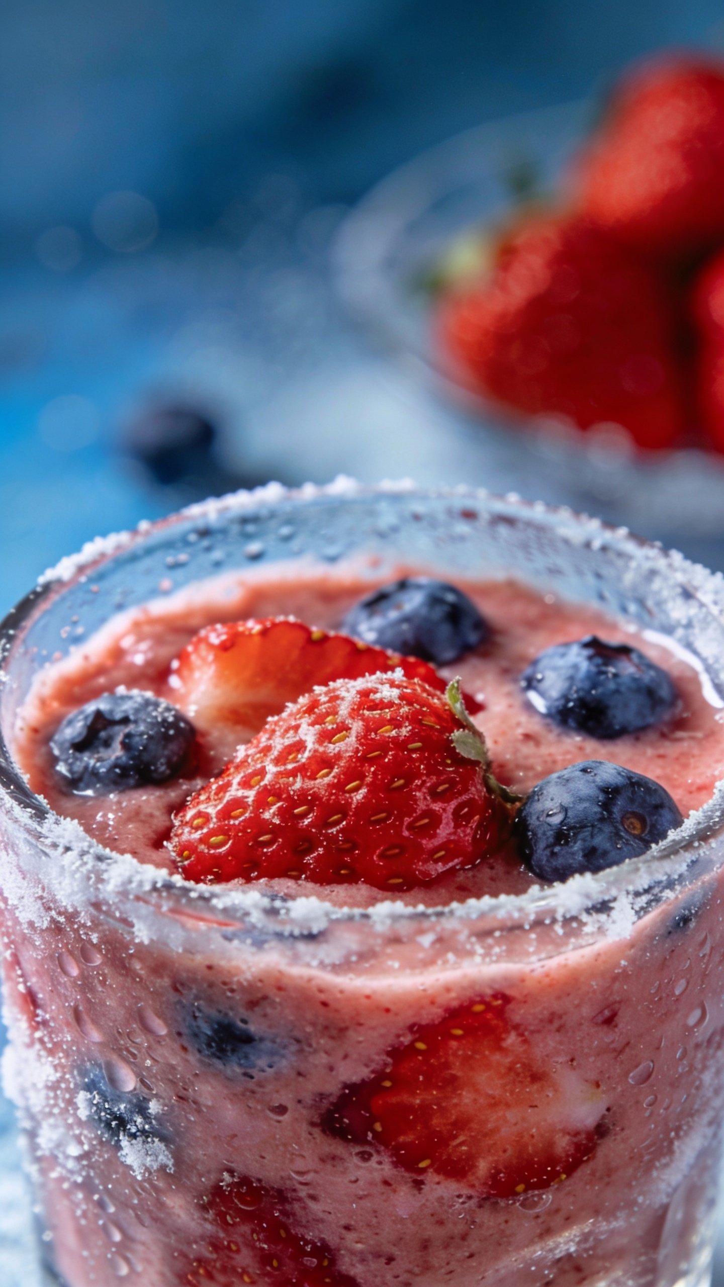closeup strawberry blueberry smoothie in clear glass, frosty condensation