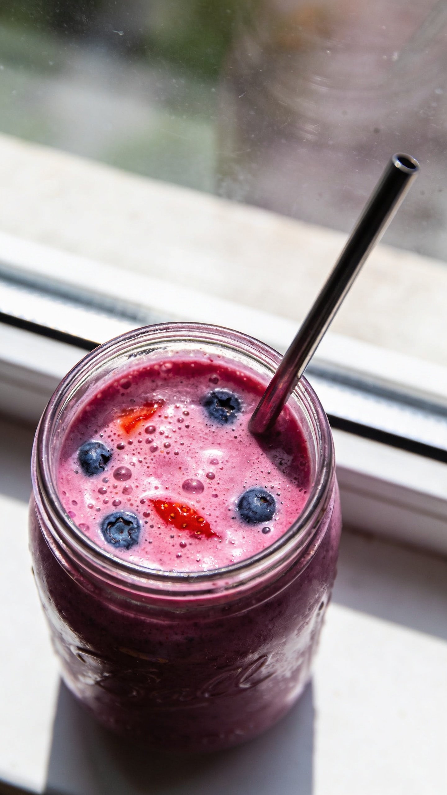 overhead shot single mason jar blueberry-strawberry smoothie with metal straw