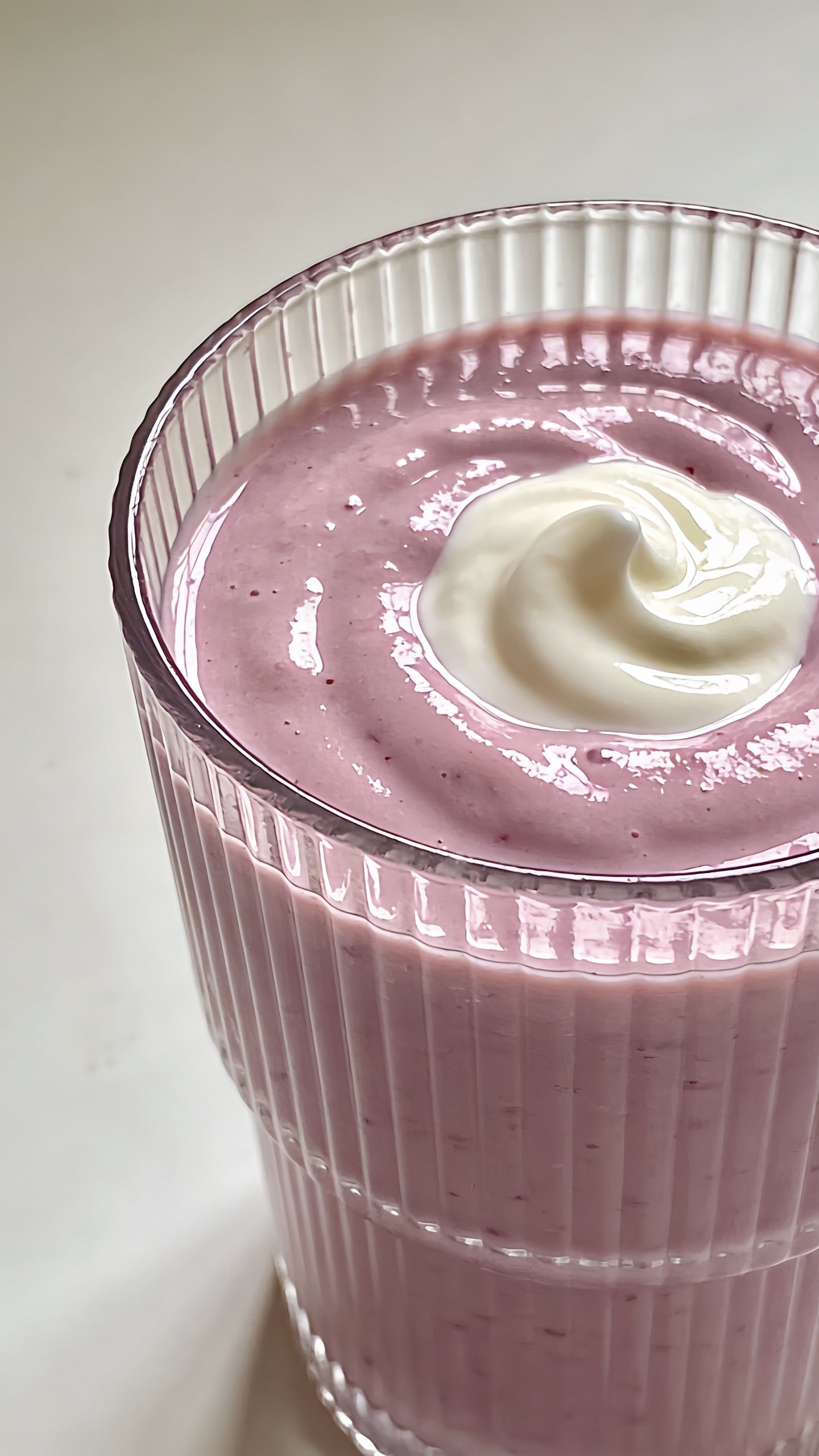 creamy pink-purple smoothie in ribbed glass, yogurt swirl on top