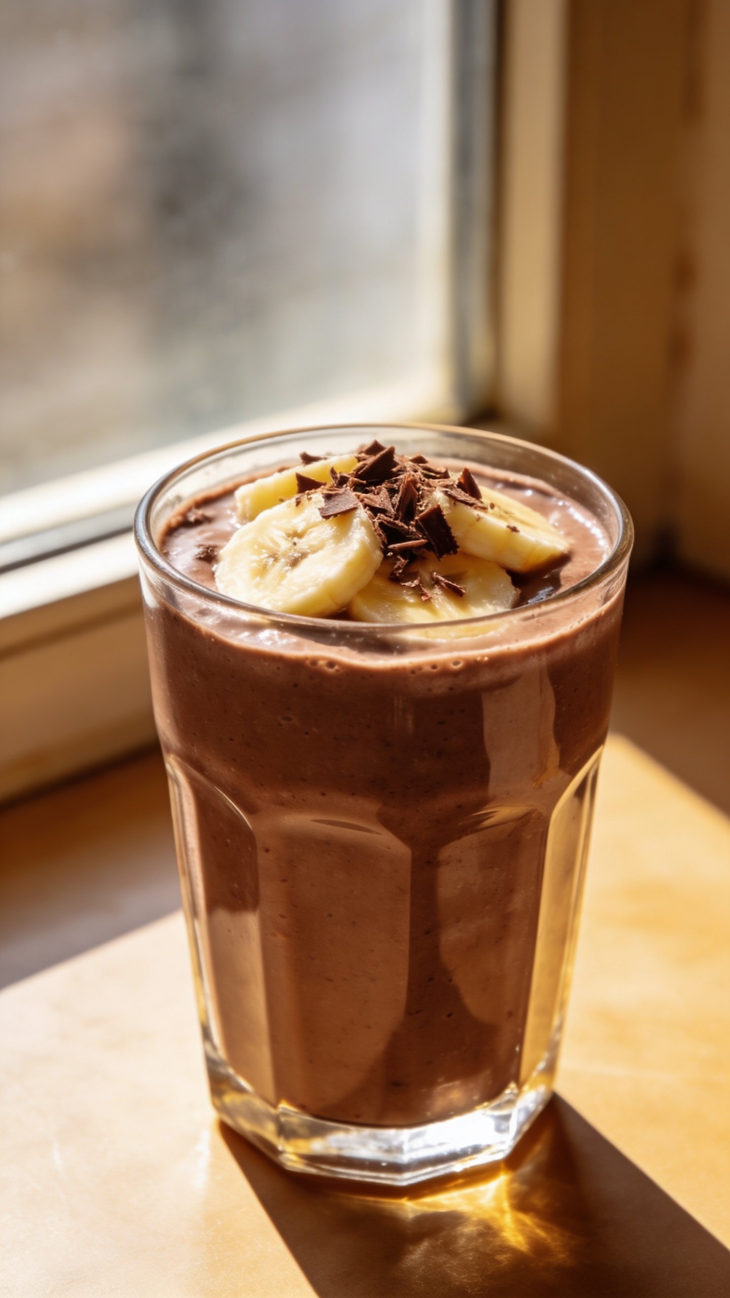 closeup chocolate banana protein smoothie in clear glass