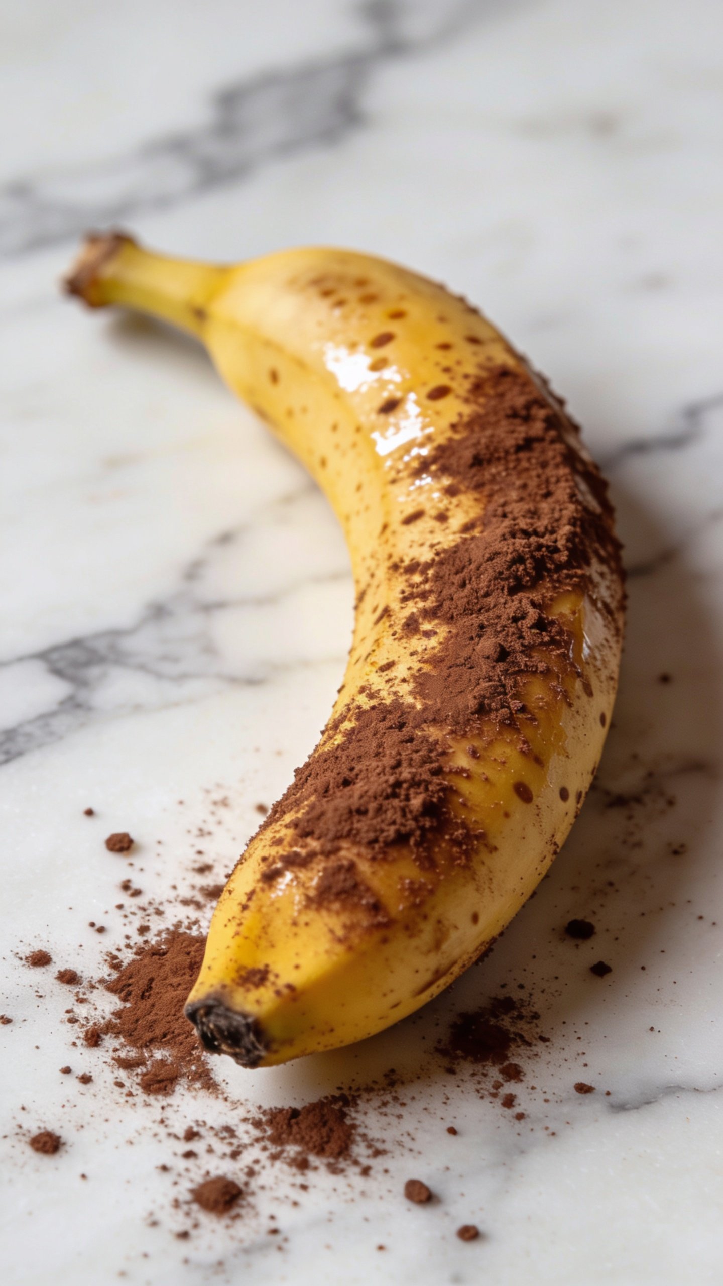 single ripe banana with cocoa dust on marble