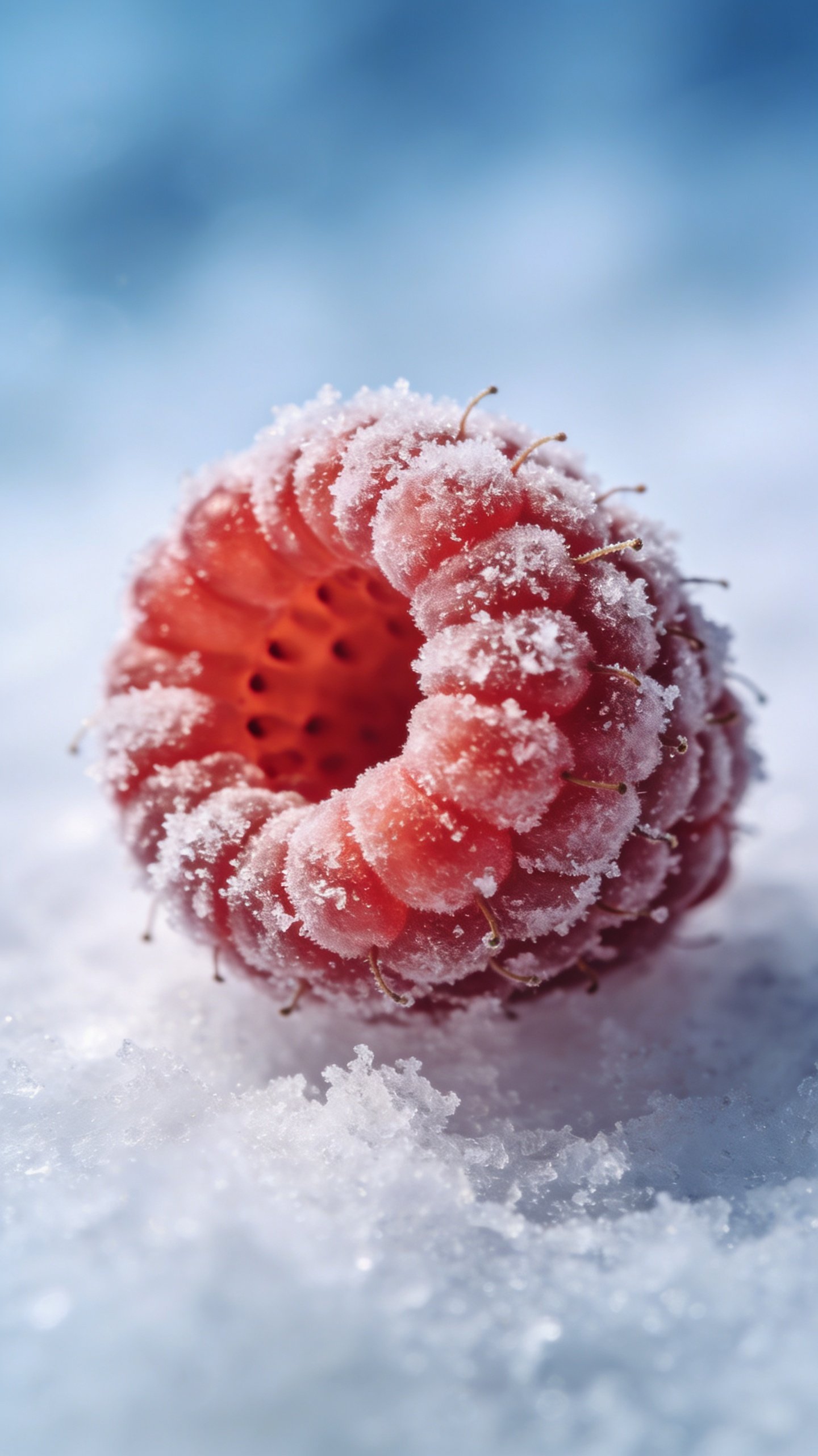 single frozen raspberry dusted with frost, macro on pale backdrop