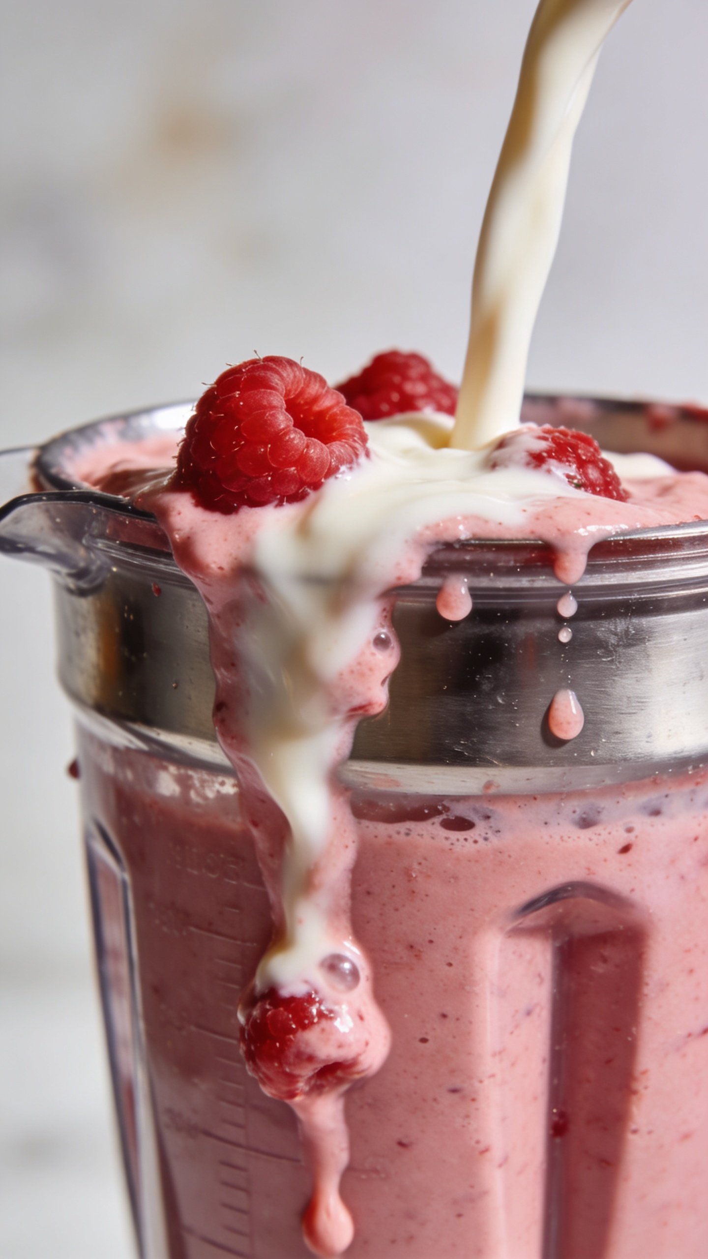 stainless blender cup with raspberry-vanilla smoothie drip, tight crop