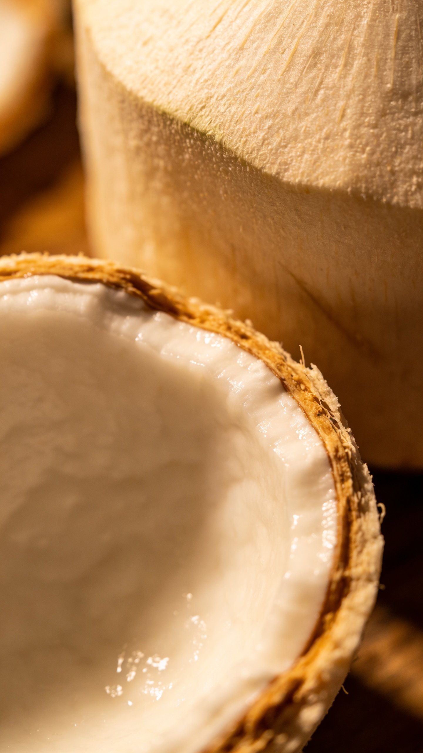 closeup of a halved coconut with creamy flesh