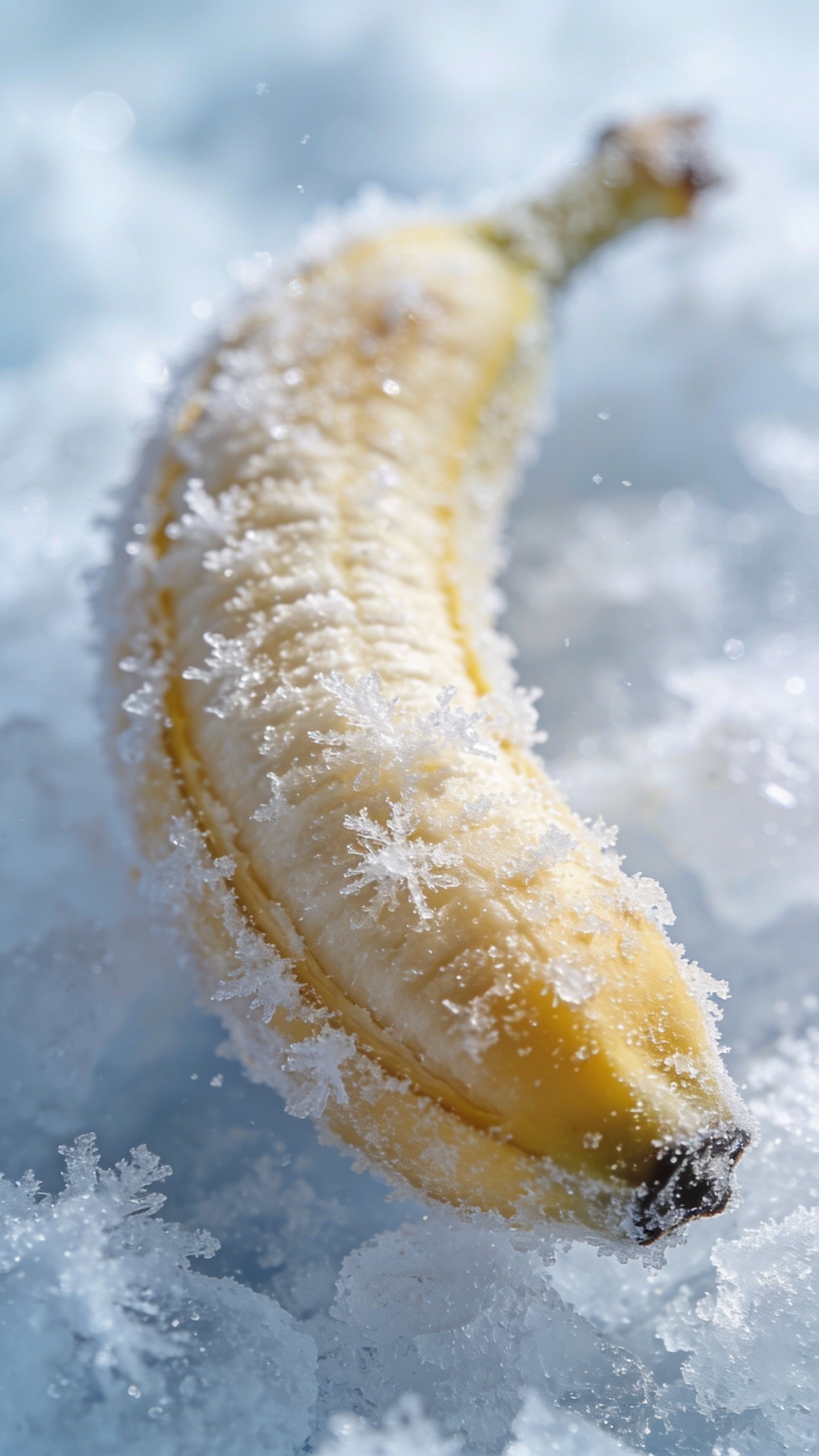 single frozen banana with frost crystals, macro shot