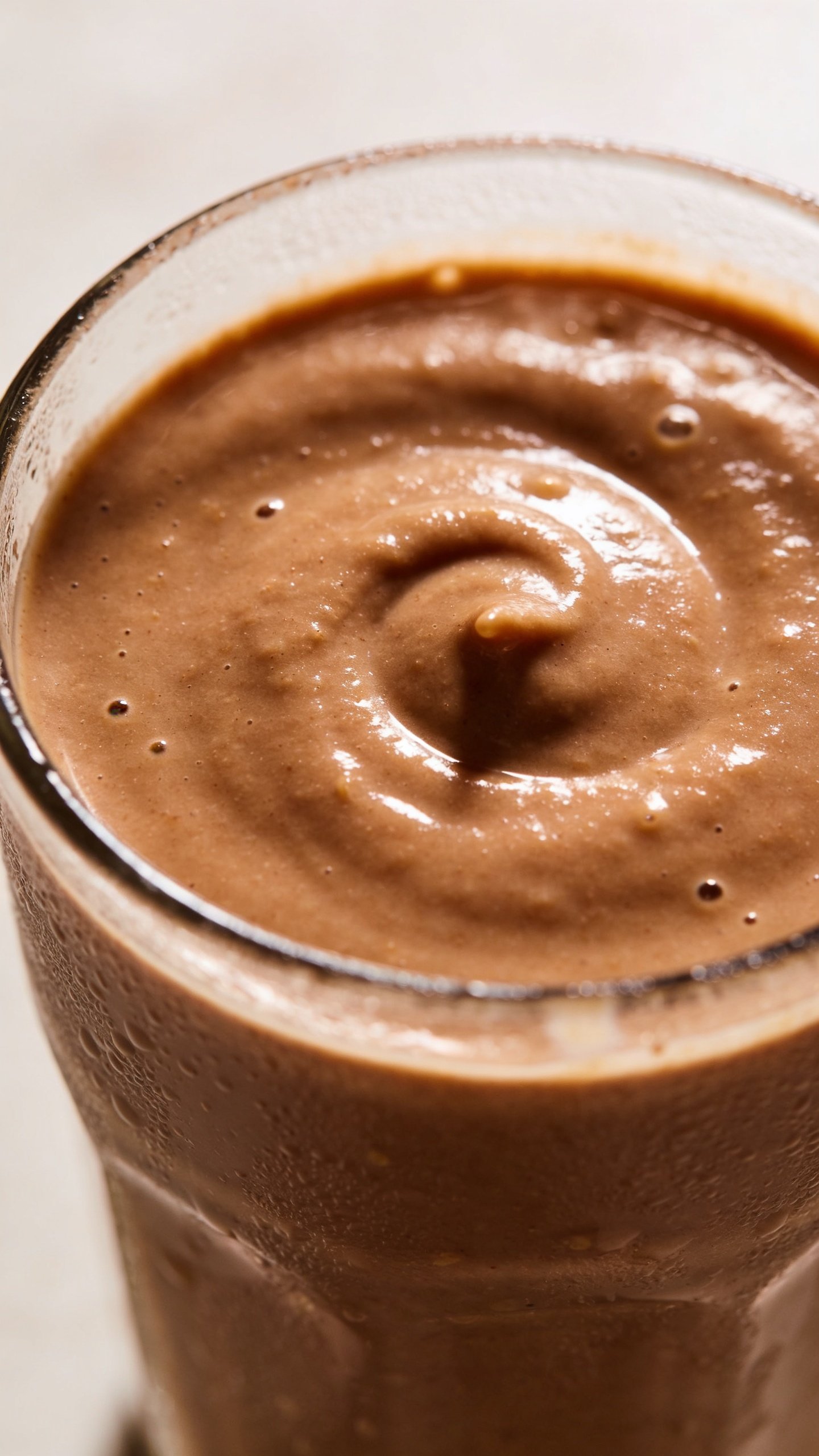 closeup of chocolate peanut butter breakfast smoothie in glass
