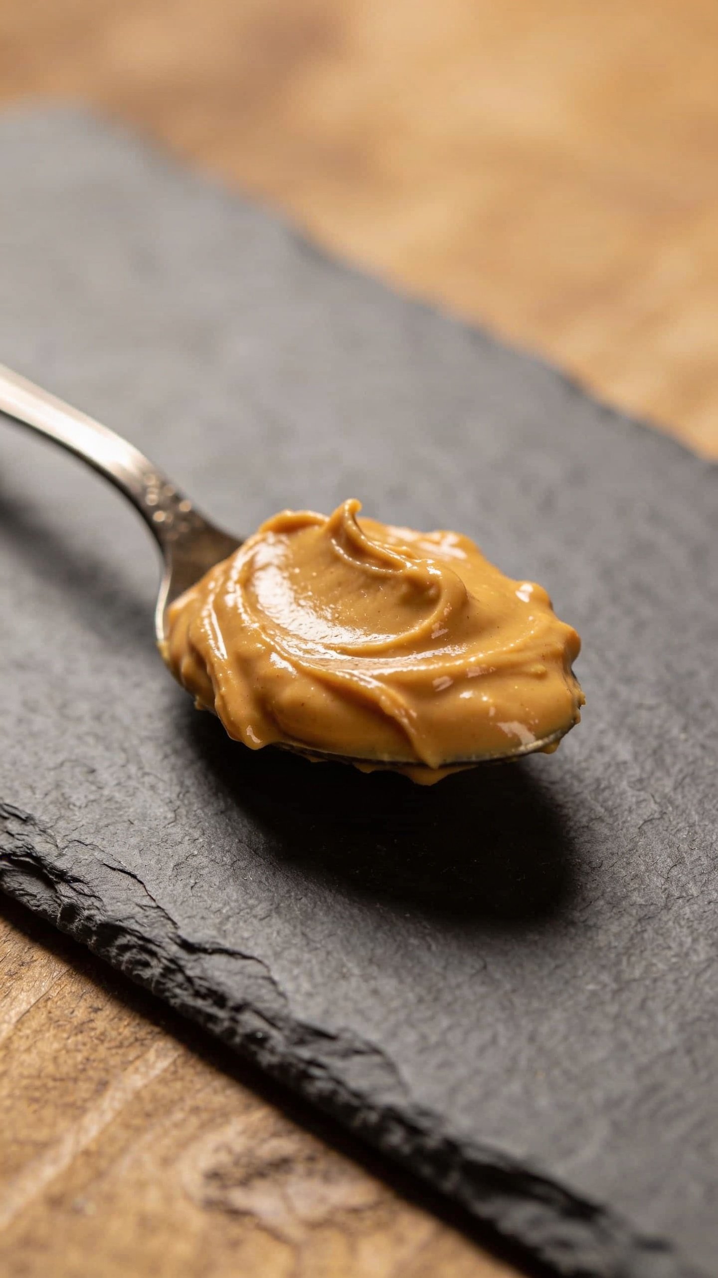 overhead shot of spoonful of creamy peanut butter on slate
