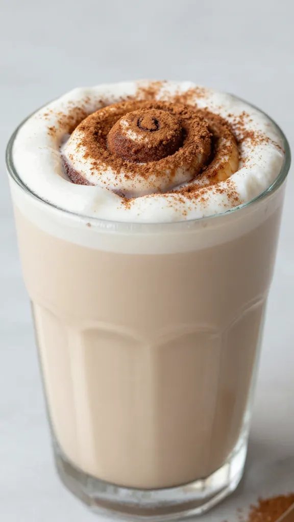 closeup keto cinnamon roll smoothie in clear glass, cinnamon dusted