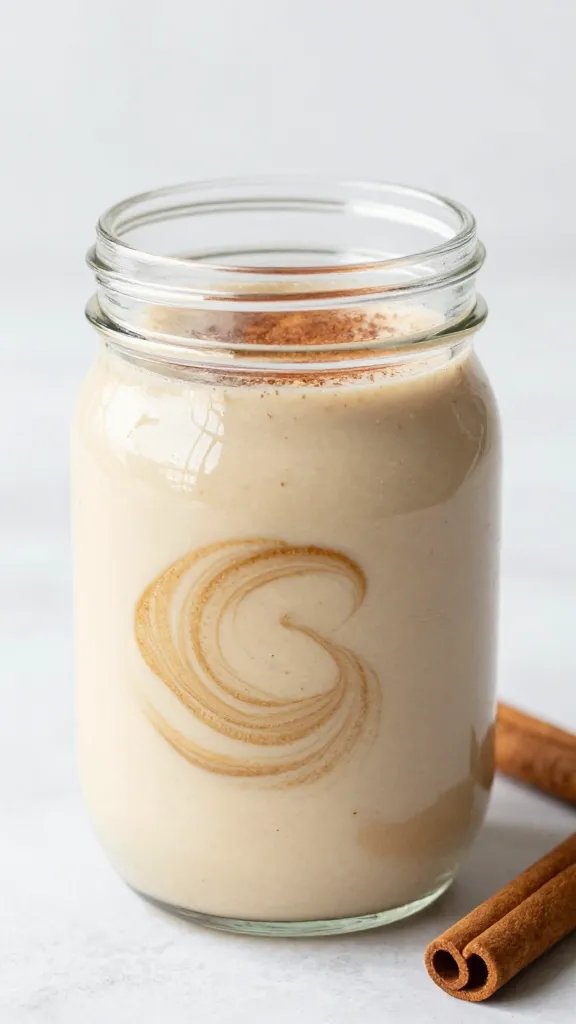 creamy keto cinnamon smoothie in mason jar, swirl of cinnamon
