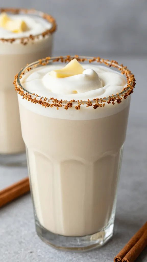 cinnamon roll protein smoothie in frosted glass, butter-cinnamon rim