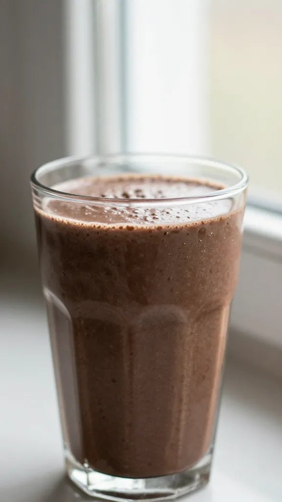 closeup chocolate mint keto smoothie in clear glass, soft window light