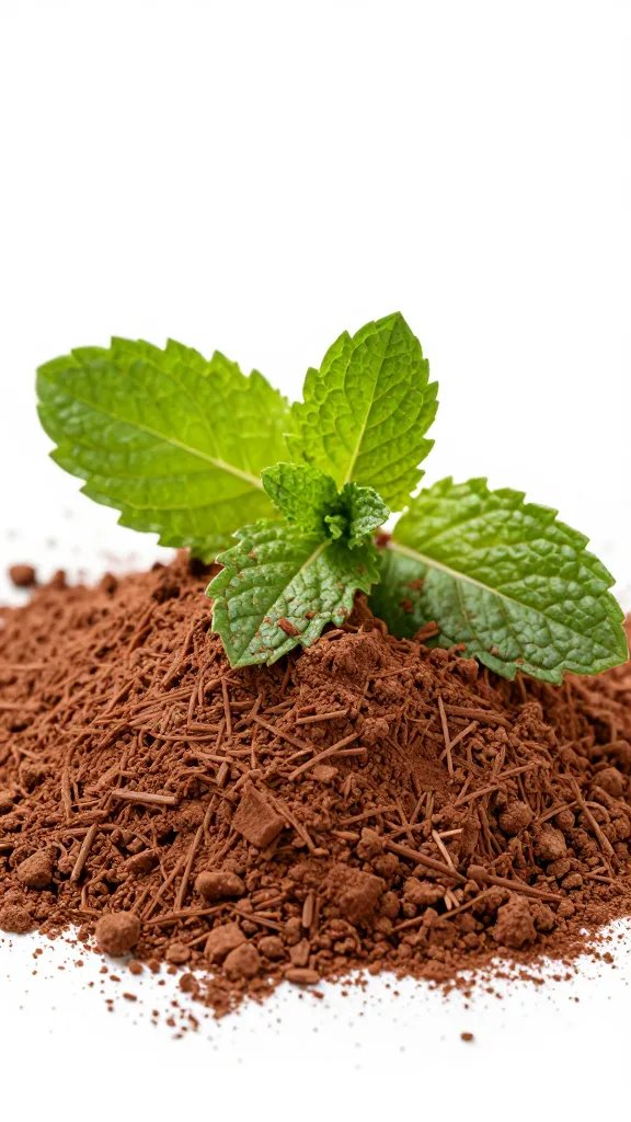 fresh peppermint leaf dusted with cocoa powder, studio closeup