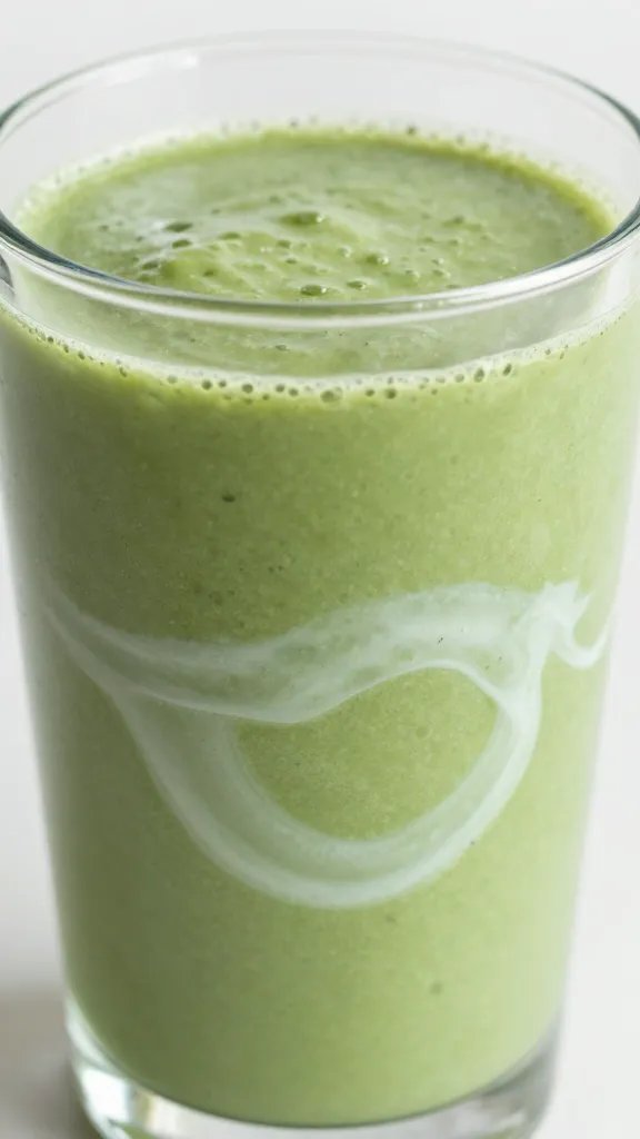 closeup green keto smoothie in clear glass, coconut milk swirl
