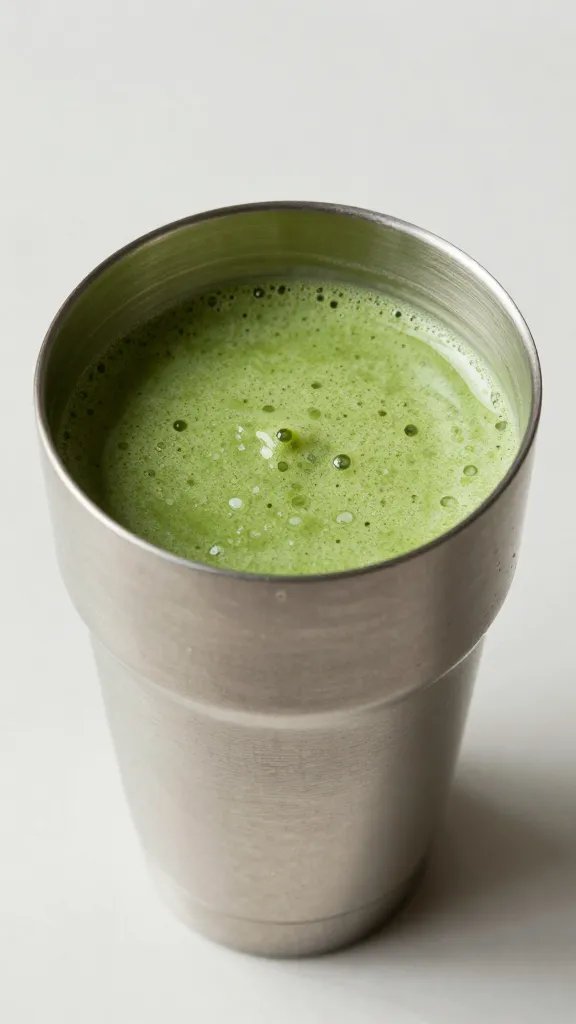 stainless blender cup filled with thick green smoothie, overhead shot