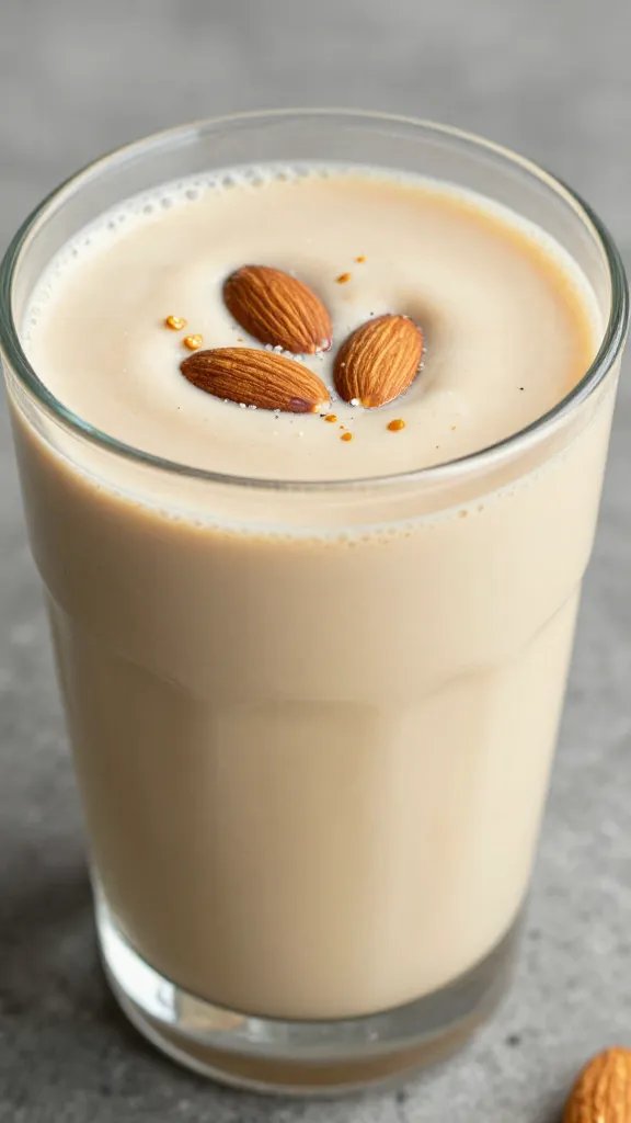 closeup salted caramel almond keto smoothie in clear glass