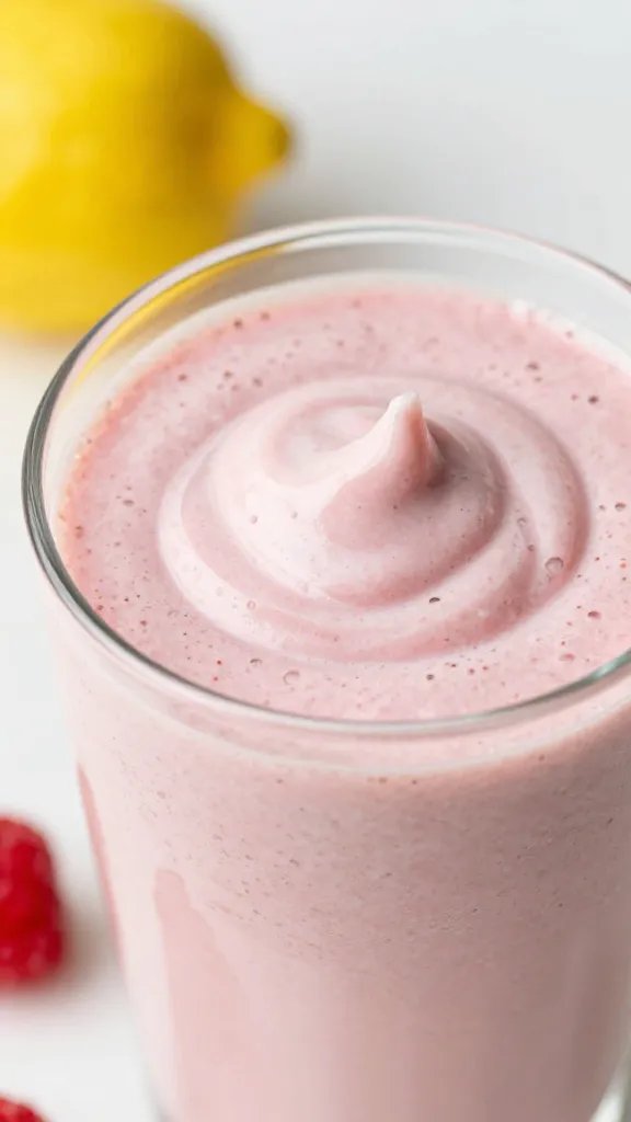 closeup lemon raspberry keto smoothie in clear glass, creamy swirl