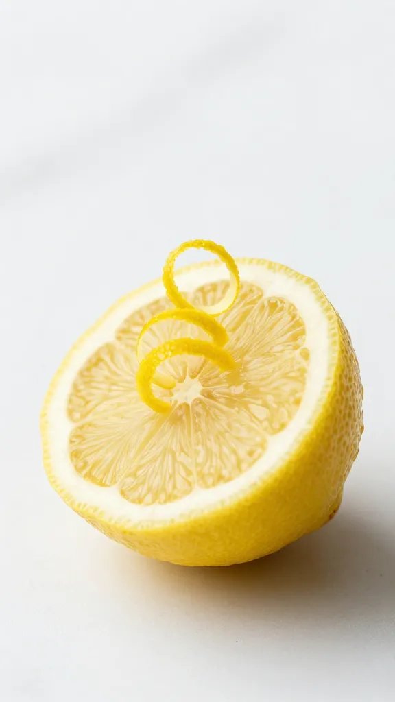 single halved lemon with zest curls on white marble