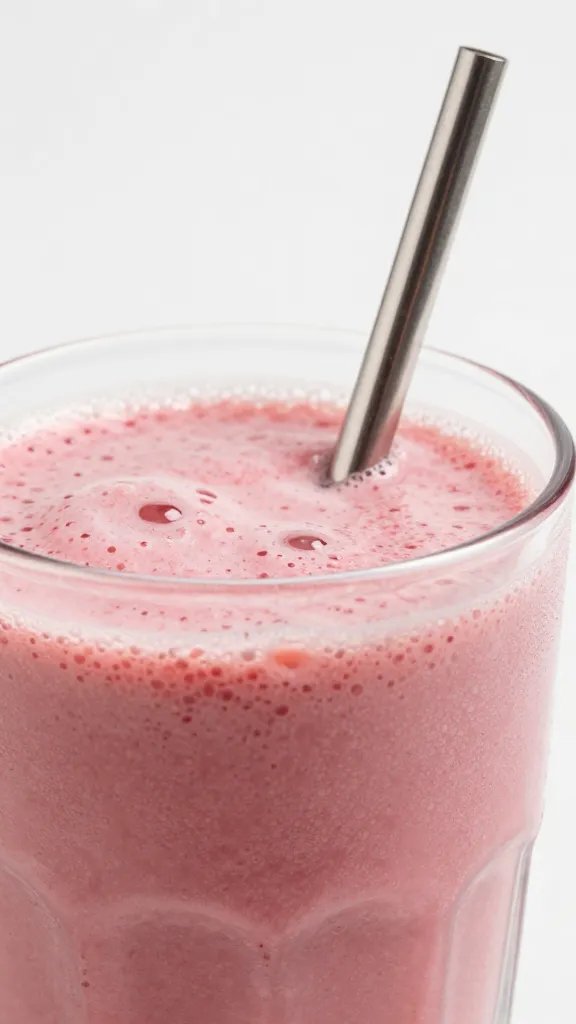 stainless straw in raspberry keto smoothie, frosty condensation closeup