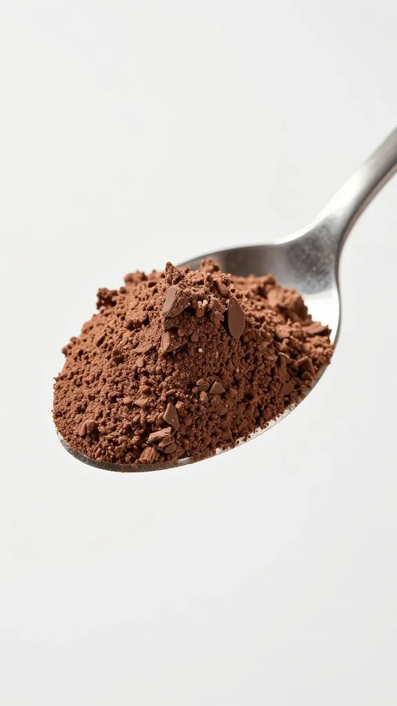 single scoop chocolate whey protein powder on stainless spoon