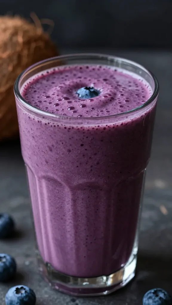 closeup blueberry coconut keto smoothie in clear glass, moody light