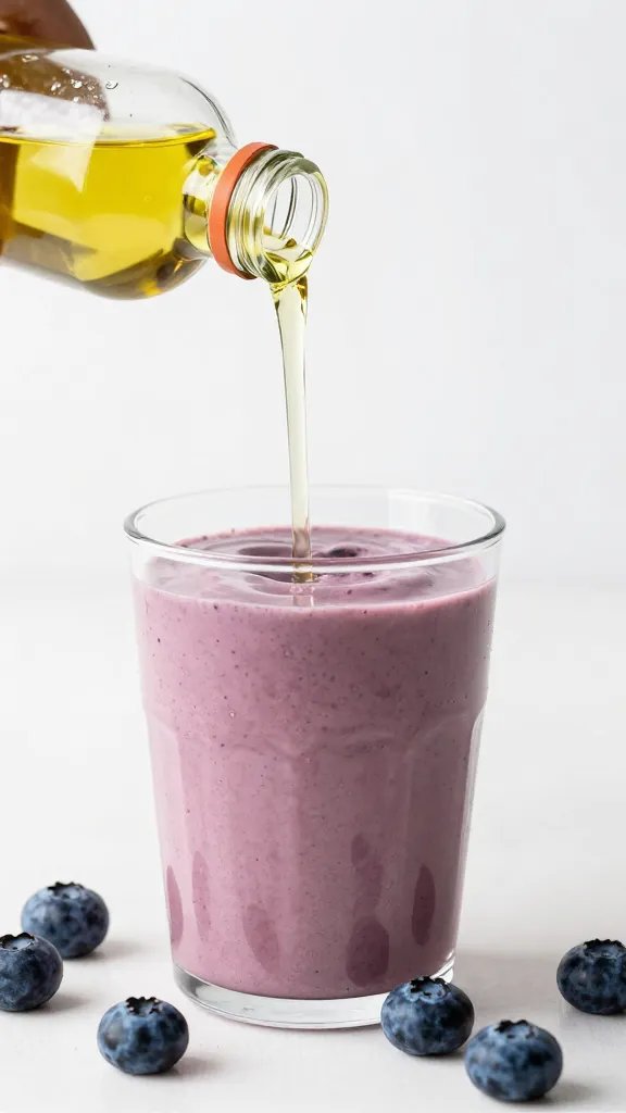 MCT oil bottle drizzling into blueberry smoothie, macro shot
