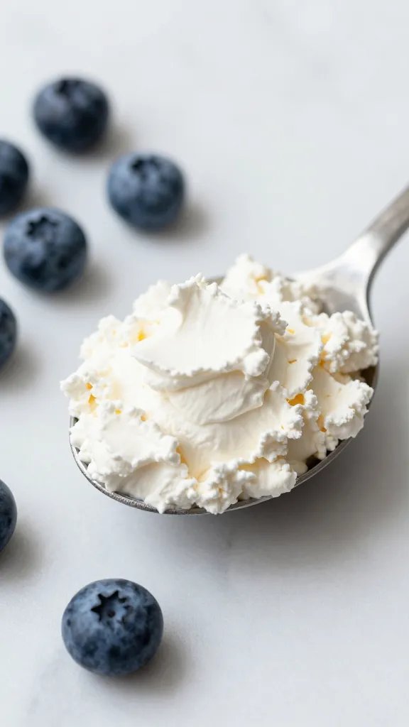 scoop of vanilla whey on marble beside blueberries, shallow focus