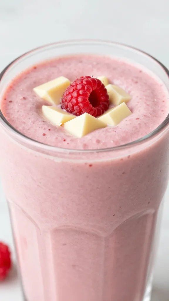 closeup raspberry white chocolate keto smoothie in clear glass