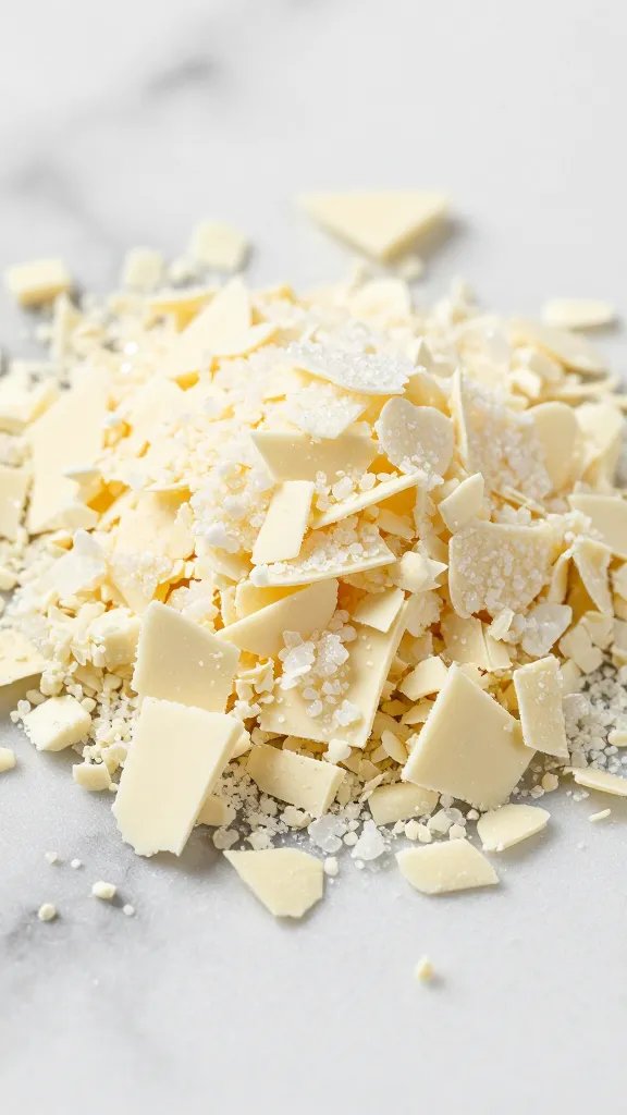 macro shot of sugar-free white chocolate shavings on marble