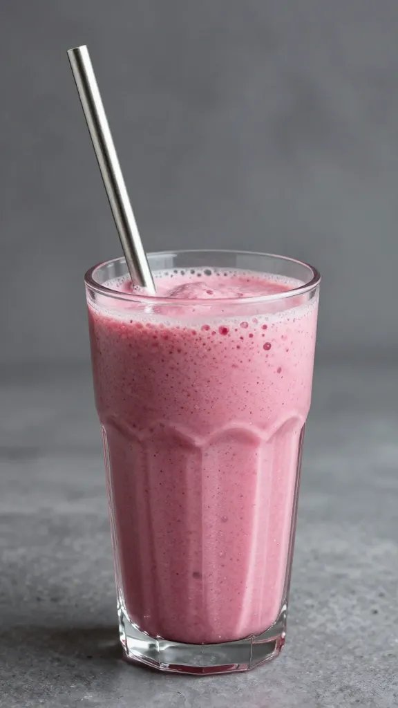 stainless steel straw in thick raspberry keto smoothie, studio lighting