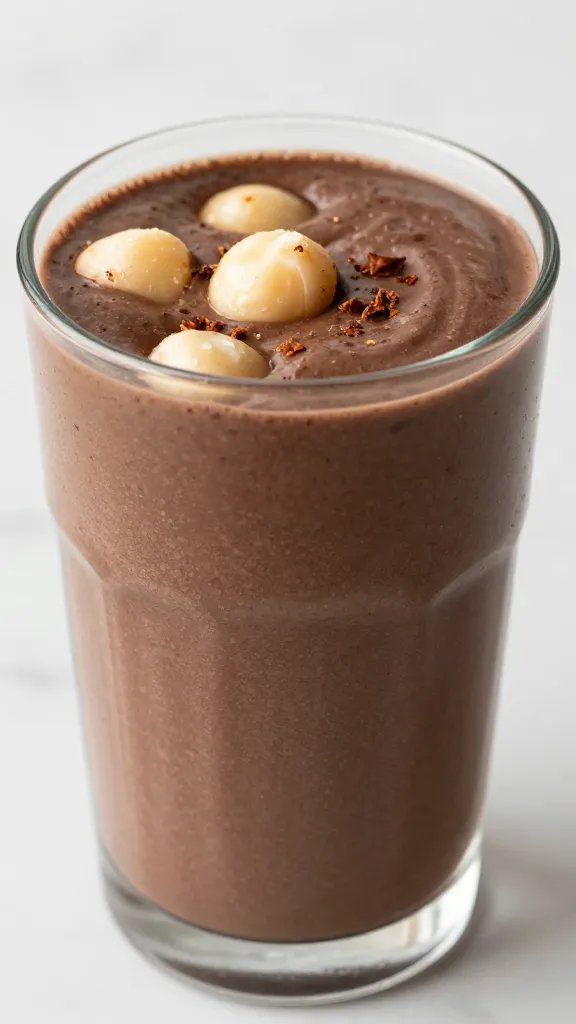 closeup chocolate coconut macadamia keto smoothie in frosted glass