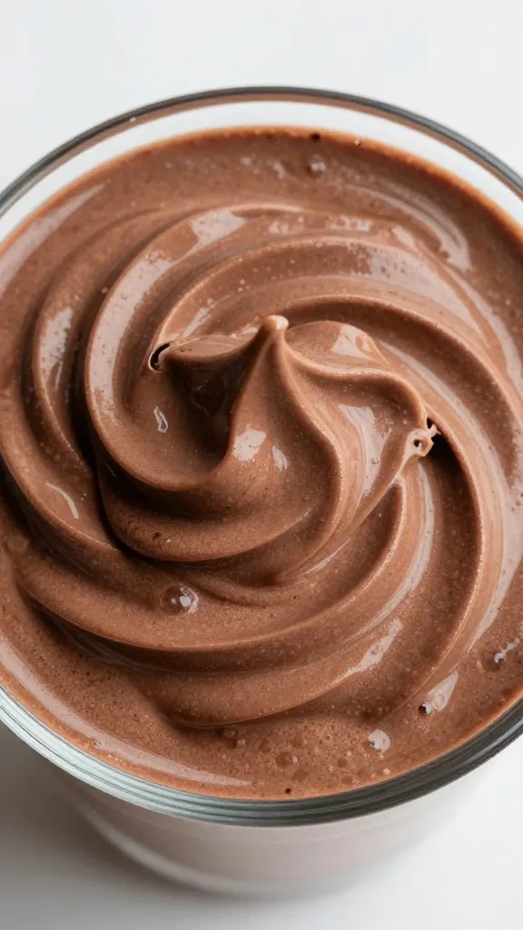 overhead shot of macadamia butter swirl atop chocolate smoothie