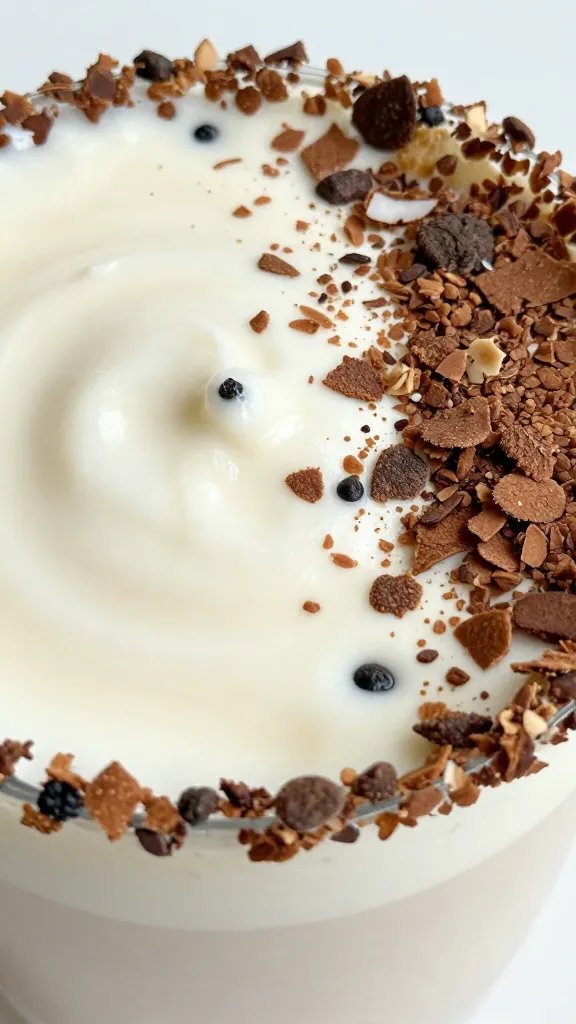 closeup cocoa-dusted coconut flakes on creamy keto smoothie rim