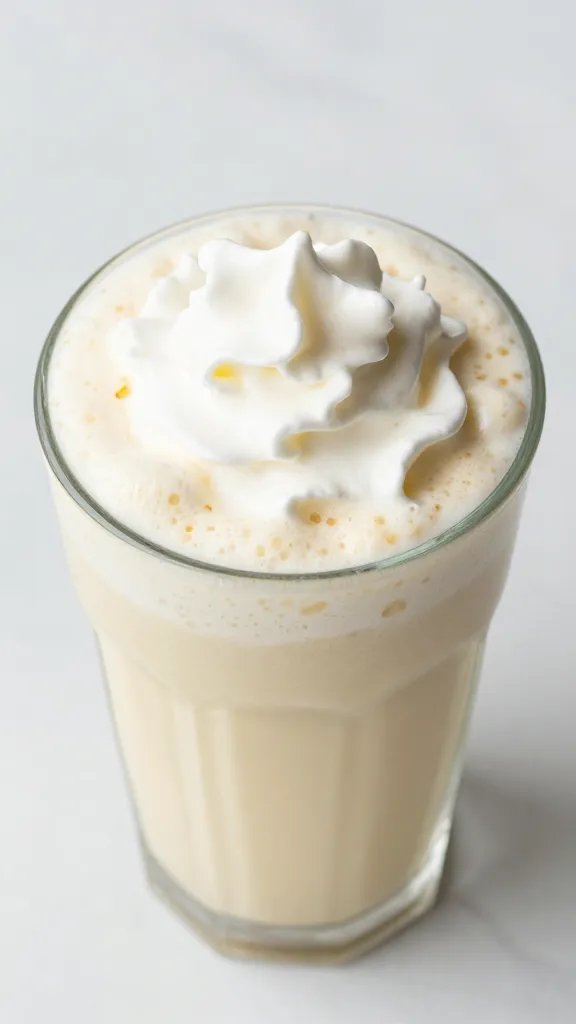 overhead shot of frothy keto banana smoothie with whipped cream