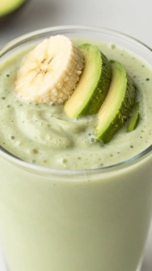 macro of avocado-swirled banana cream keto shake in tumbler