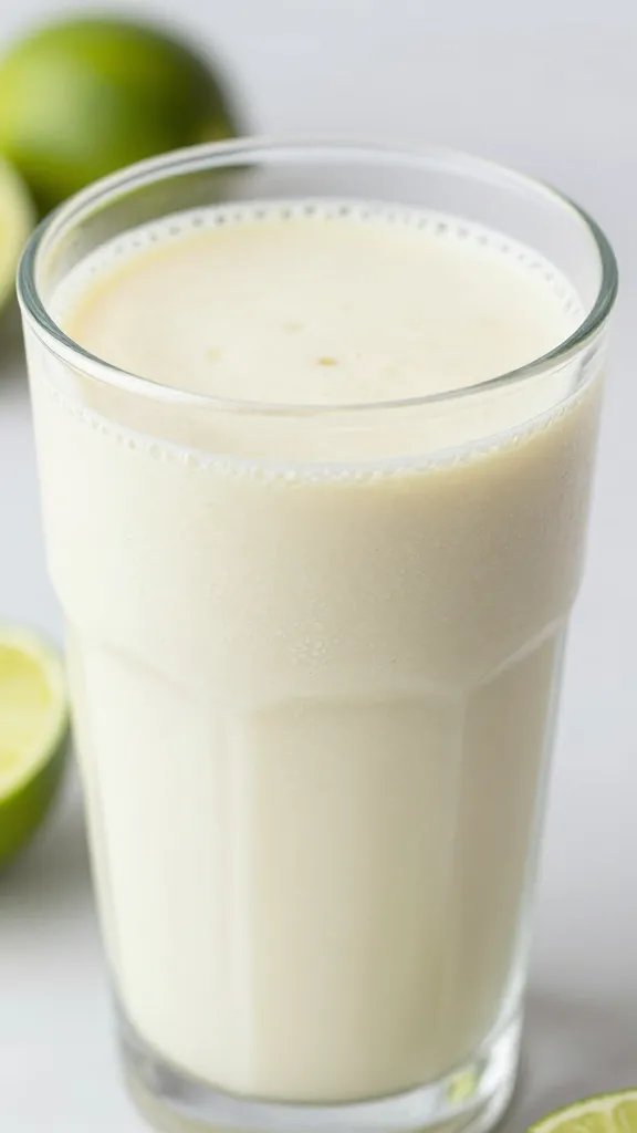 closeup key lime pie keto smoothie in clear glass, condensation