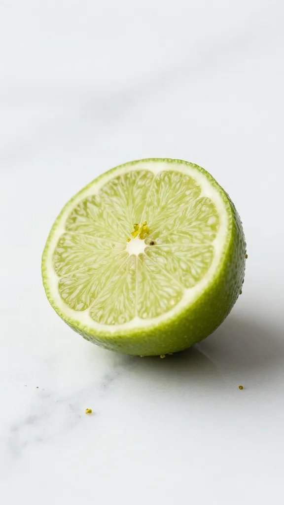 single halved key lime with zest on white marble