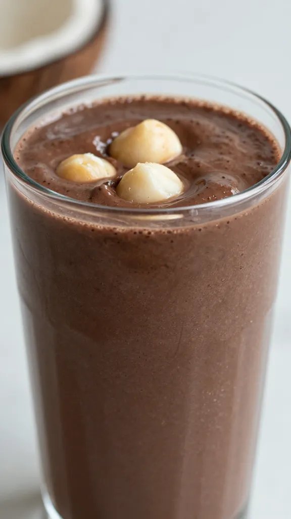 closeup chocolate coconut macadamia keto smoothie in glass