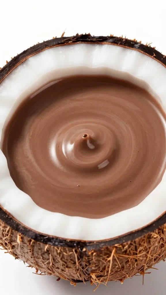 single halved coconut filled with chocolate smoothie, macro