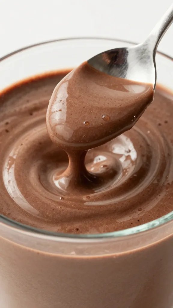 spoonful of thick chocolate keto smoothie, glossy closeup